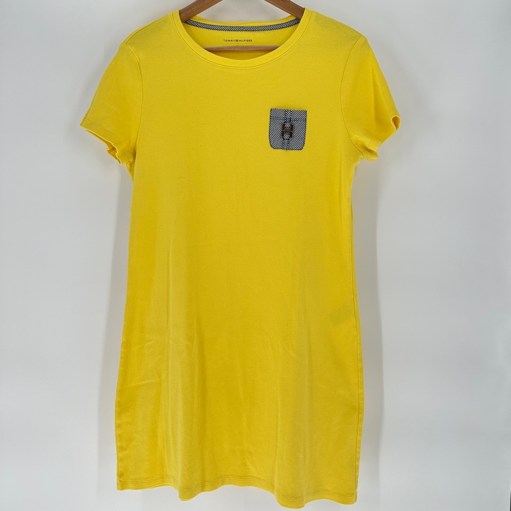 Tommy Hilfiger Womens Yellow Cotton T-Shirt Dress Striped Pocket Gold Logo LG
